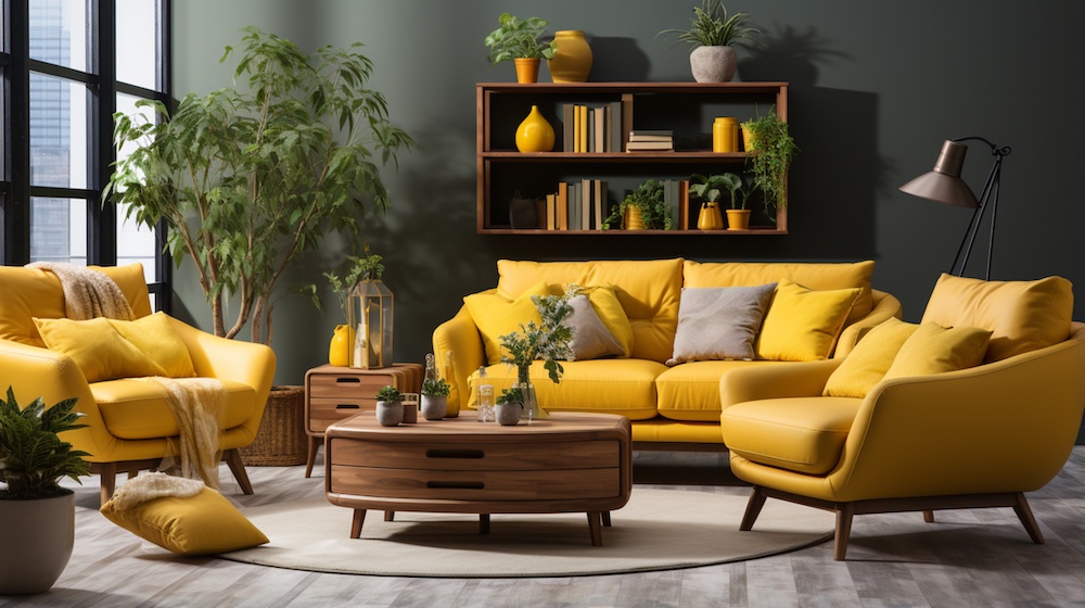 Mysig inredning vardagsrum med en gul soffa och två fåtöljer